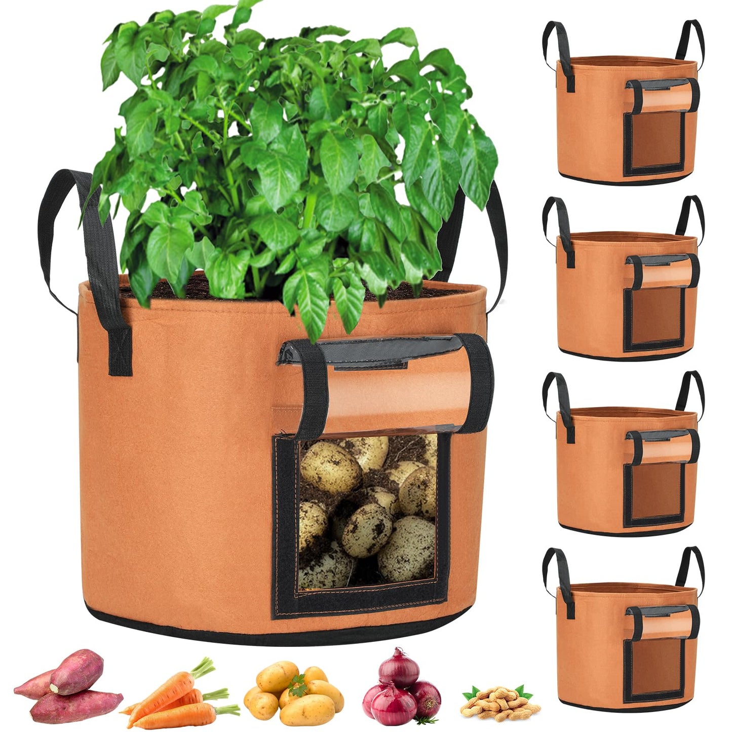 5-Pack 10 Gallon Potato Grow Bags, Heavy Duty Fabric Pots Thickened Nonwoven Plant Fabric Pots with Handles for Low Stress Plant Training Fruits
